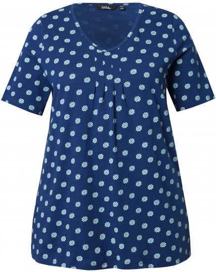 Ulla Popken Tile Print Short Sleeve Pleated Tee Dark Blue - T-shirts imprimés pour femme - 