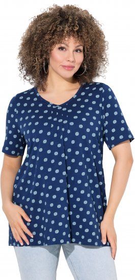 Ulla Popken Tile Print Short Sleeve Pleated Tee Dark Blue - T-shirts imprimés pour femme - 