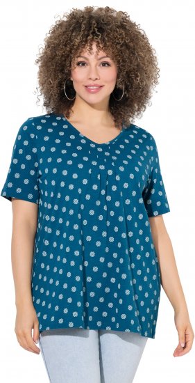 Ulla Popken Tile Print Short Sleeve Pleated Tee Teal - T-shirts imprimés pour femme - 