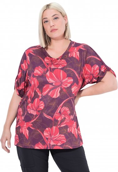 Ulla Popken Quick Drying Flower Print Short Sleeve Tee Dark Cherry - T-shirts imprimés pour femme - 