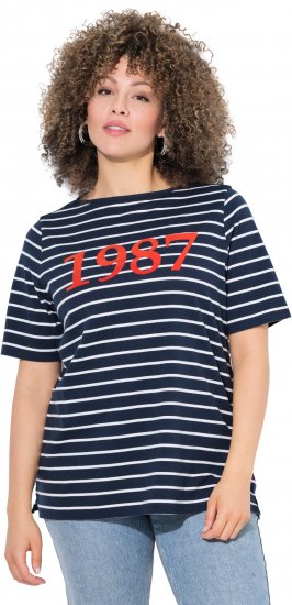 Ulla Popken Striped 1987 Boat Neck Tee Navy Blue - T-shirts imprimés pour femme - 