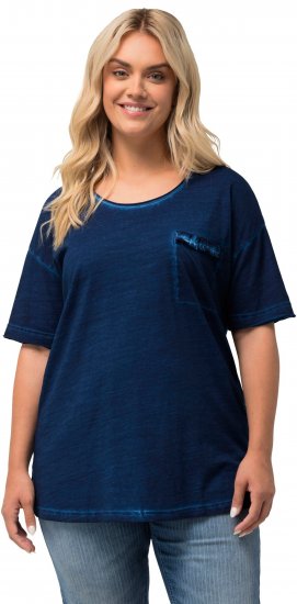 Ulla Popken Cold Dye Ruffle Edge Pocket Tee Dark Blue - T-shirts - 