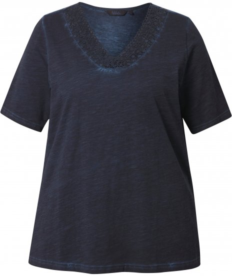Ulla Popken Lace Trim Short Sleeve Tee Navy Blue - T-shirts - 