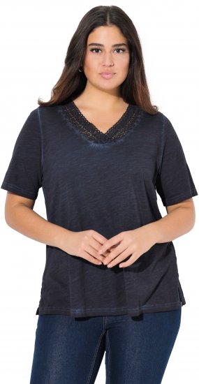 Ulla Popken Lace Trim Short Sleeve Tee Navy Blue - T-shirts - 