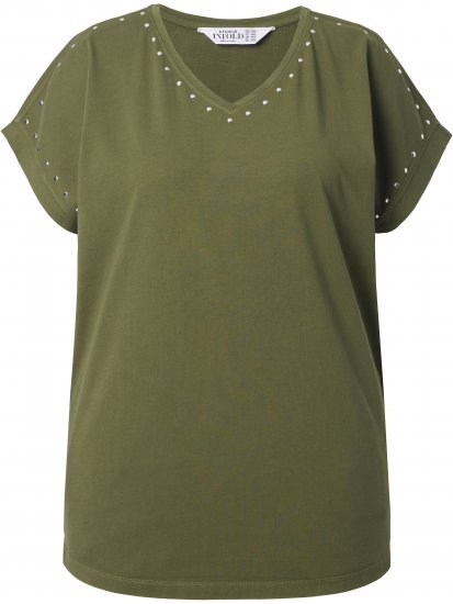Ulla Popken Oversized studded Acid-washed V-Neck T-shirt Palm Green - Ulla Popken - 