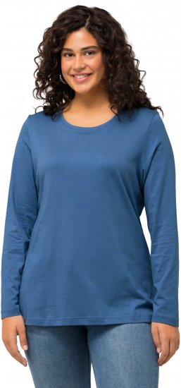 Ulla Popken Basic Round Neck Long Sleeve Slim Fit Cotton Tee Blue Denim - T-shirts - 