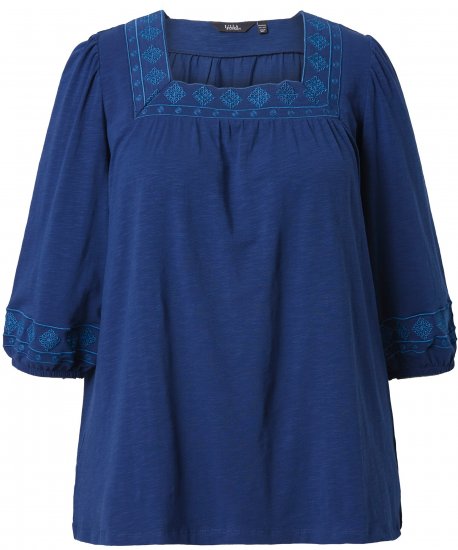 Ulla Popken Embroidered Detail 3/4 Sleeve Tee Dark Blue - T-shirts imprimés pour femme - 
