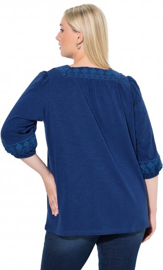 Ulla Popken Embroidered Detail 3/4 Sleeve Tee Dark Blue - T-shirts imprimés pour femme - 