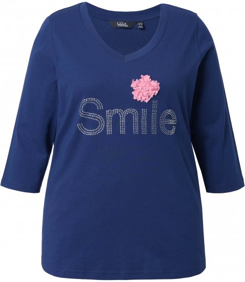 Ulla Popken Smile Rhinestone 3/4 Sleeve Graphic Tee Ink Blue - T-shirts imprimés pour femme - 