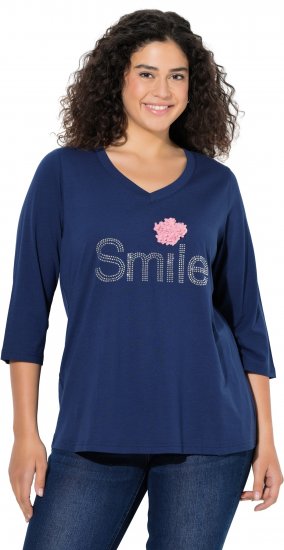 Ulla Popken Smile Rhinestone 3/4 Sleeve Graphic Tee Ink Blue - T-shirts imprimés pour femme - 