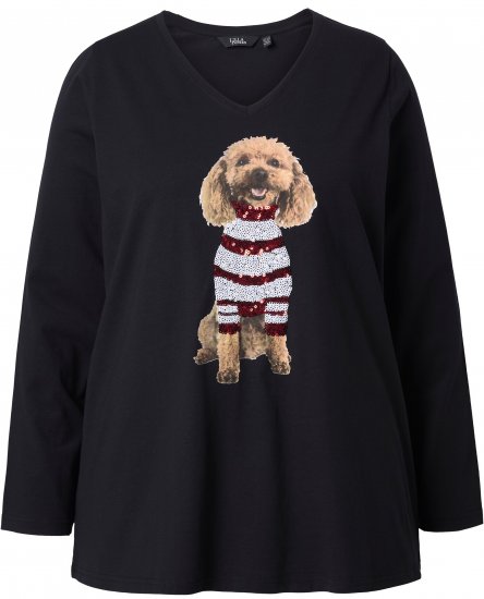 Ulla Popken Sequined Puppy Long Sleeve Graphic Tee Black - T-shirts imprimés pour femme - 