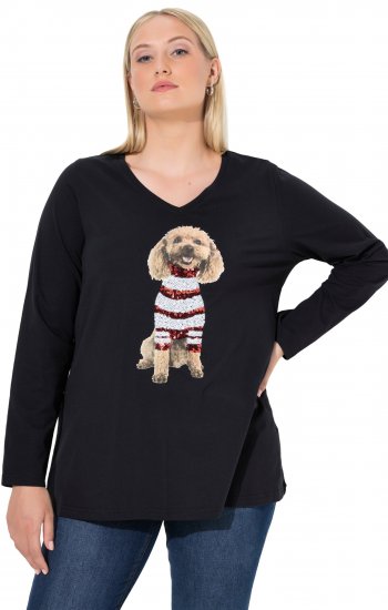 Ulla Popken Sequined Puppy Long Sleeve Graphic Tee Black - T-shirts imprimés pour femme - 