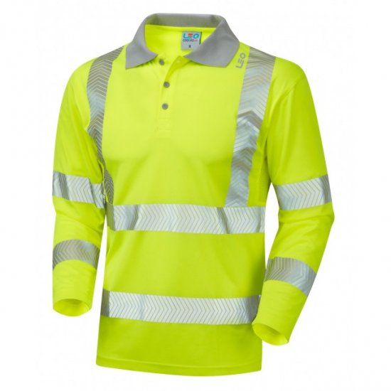 Leo Barricane Ecoviz Performance+ Sleeved Polo Shirt Hi-Vis Yellow - Vêtements de travail - Vêtements de travail grandes tailles