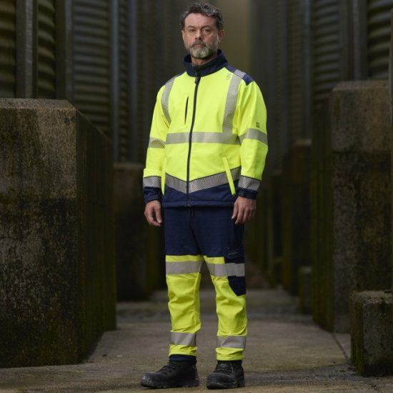 Leo Bowden Ecoviz Softshell Jacket Hi-Vis Yellow/Navy Print - Vêtements de travail - Vêtements de travail grandes tailles