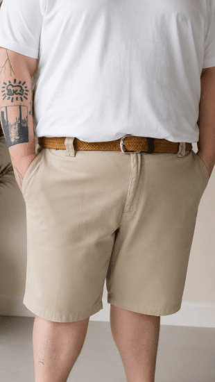 Kam Jeans 3402 Belted Dobby Weave Stretch Chino Shorts Beige - Shorts - Shorts hommes grande taille